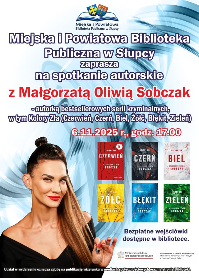 na biało-błekitnym tle zaproszenie na spotkanie, z lewej stronie zdjęcie autorki