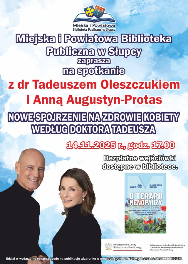 na biało-błękitnym tle zdjęcie mężczyzny i kobiety oraz zaproszenie na spotkanie