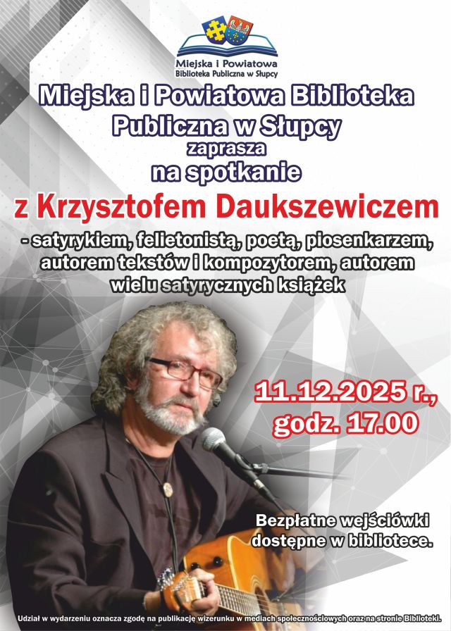 na plakacie zdjęcie mężczyzny z gitarą oraz zaproszenie na spotkanie