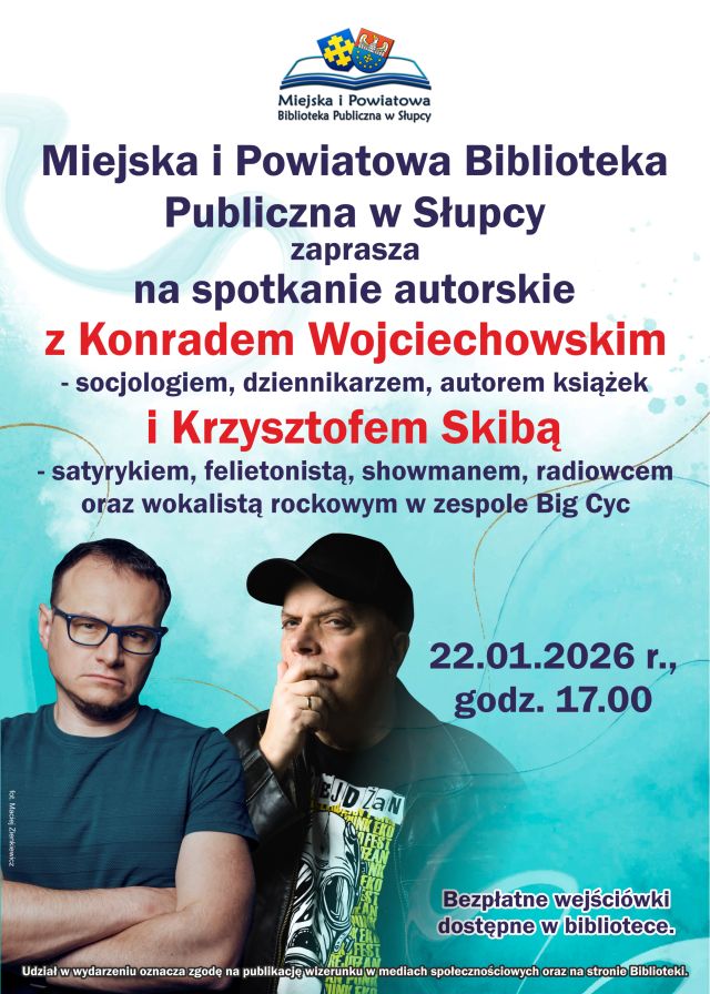 na niebieskim tle zaproszenie na spotkanie oraz zdjęcie dwóch mężczyzn