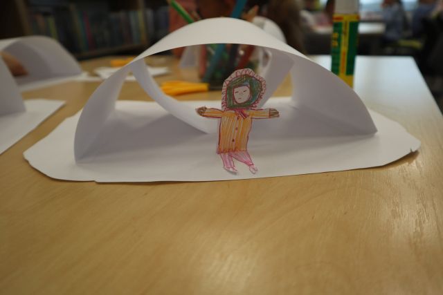 Na zdjęciu znajduje się papierowe, białe igloo przed którym przyklejony jest mały ciepło ubrany chłopiec z papieru.