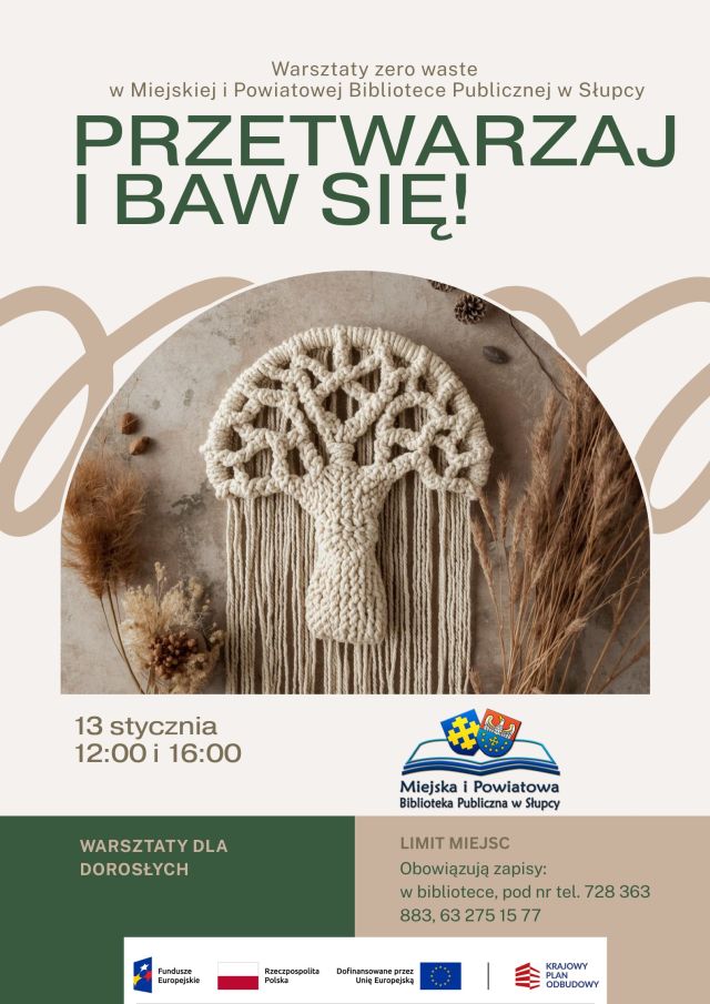 na jasnym tle drzewo z makramy oraz zaproszenie na warsztaty