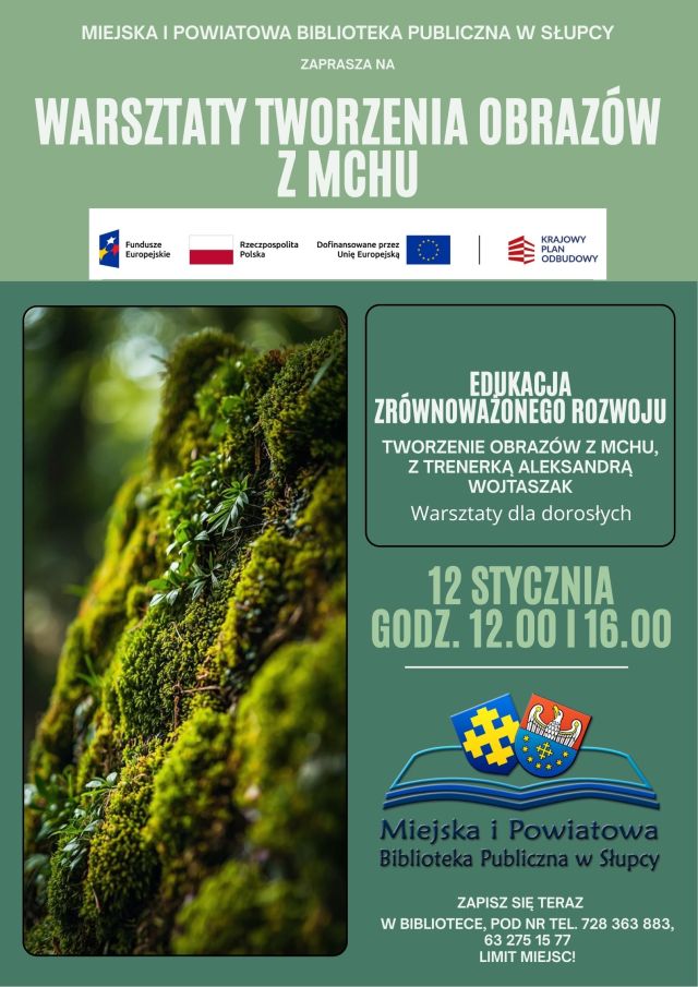 na zielonym tle z lewej strony mech, z prawej zaproszenie na warsztaty
