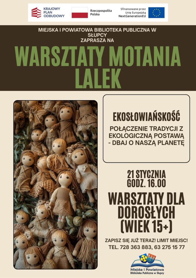 na kremowym tle zaproszenie na warsztaty, z lewej strony zdjęcie z ogromną ilością lalek