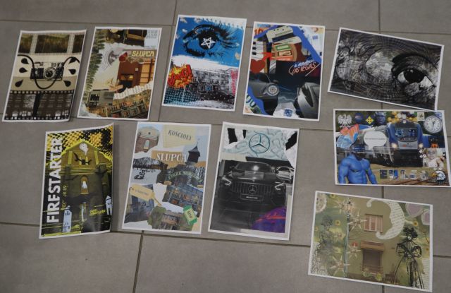 Na zdjęciu znajduje się dziesięć wydrukowanych kolaży leżących na podłodze, prace przedstawiają miasto i są ozdobione napisami, naklejkami.