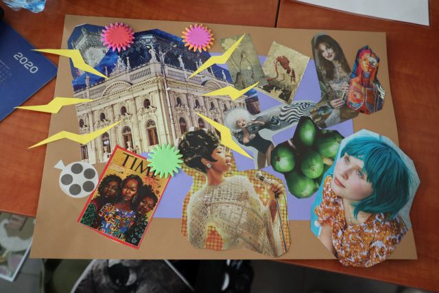 Na zdjęciu znajduje się kolaż przedstawiający budynek z żółtymi strzałami pioruna, po prawej stronie na pracy znajdują się postacie wycięte z gazety.