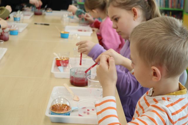 Na zdjęciu znajdują się złączone stoły wraz z podstawkami i małymi okrągłymi pudełeczkami z lodami oraz przezroczyste pojemniczki z wodą, do których dzieci za pomocą pipety wkraplają czerwony sok, który zmienia się w kulki.