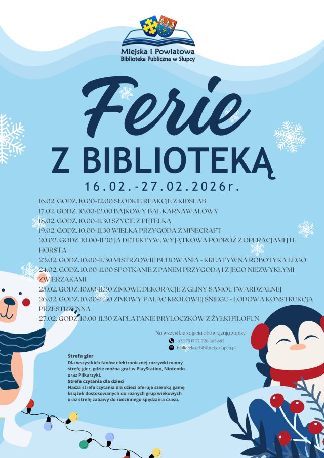 na niebieskim tle program na ferie, u góry plakatu logotyp biblioteki, u dołu z prawej strony rysunek pingwina w nausznikach, z lewej bałwana w szaliku