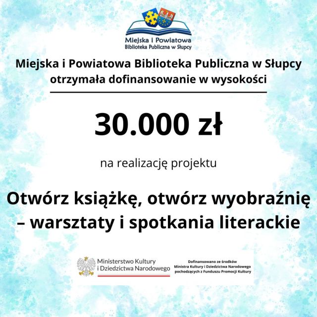na błękitnym tle informacja o dofinansowaniu oraz orzełek godło państwowe i logotyp biblioteki