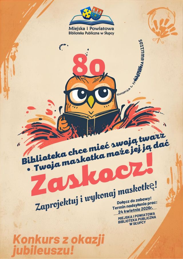 na plakacie sowa, nad jej głową 80, zaproszenie do udziału w konkursie, u góry logo biblioteki