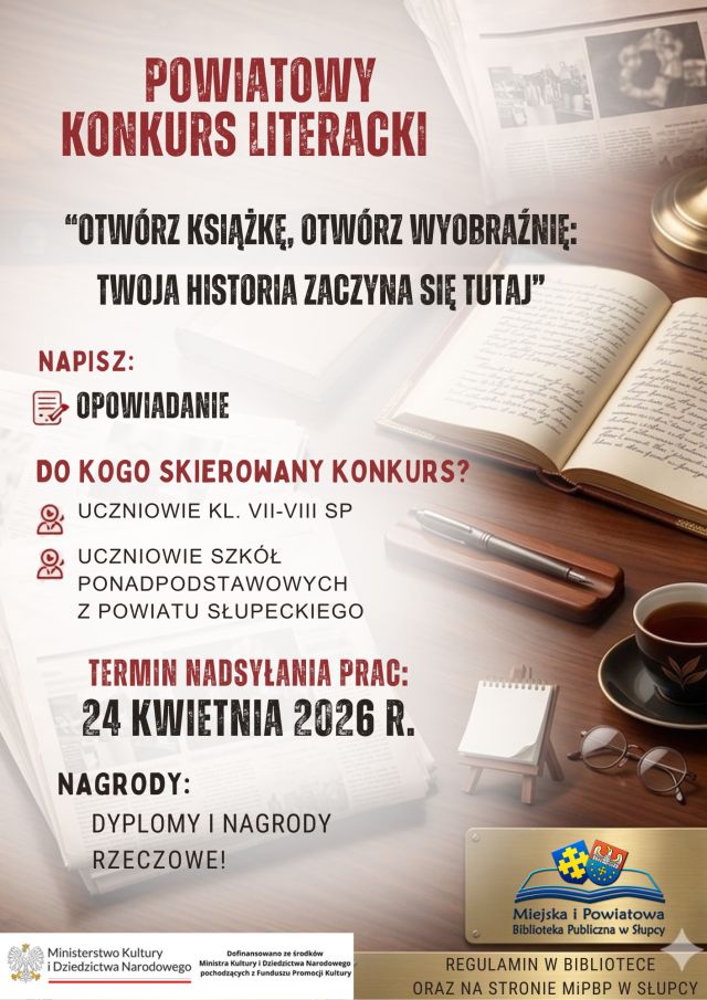 na jasnym tle rozłożona książka, logo Ministerstwa Kultury i Dziedzictwa Narodowego, logo biblioteki oraz informacje o konkursie