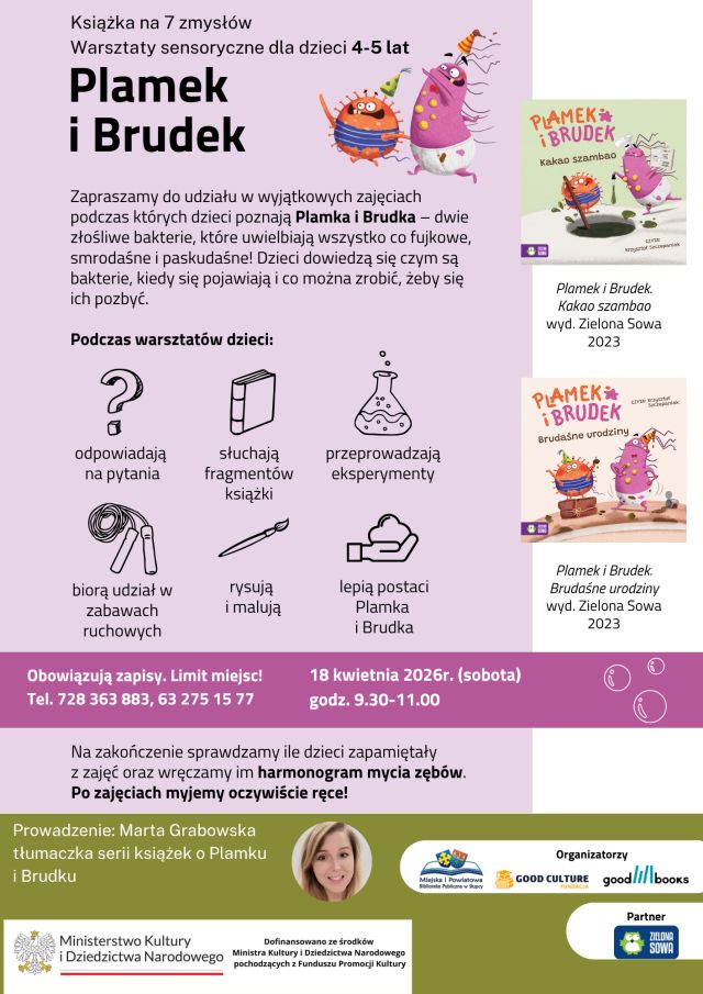 na różowym tle zaproszenie na warsztaty, z prawej strony okładki książek o Plamku i Brudku, u dołu logo biblioteki i zdjęcie prowadzącej warsztaty