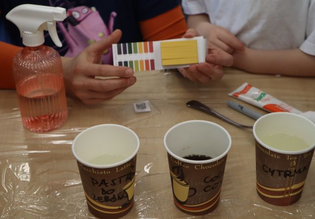 Na zdjęciu znajdują się trzy kubeczki na stole, za nimi stoi spryskiwacz oraz trzymane przez kobietę papierki lakmusowe