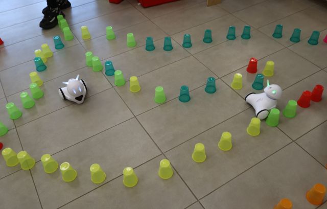 Na zdjęciu znajdują się dwa roboty jeżdżące w labiryncie zrobionym z plastikowych, kolorowych kubeczków.