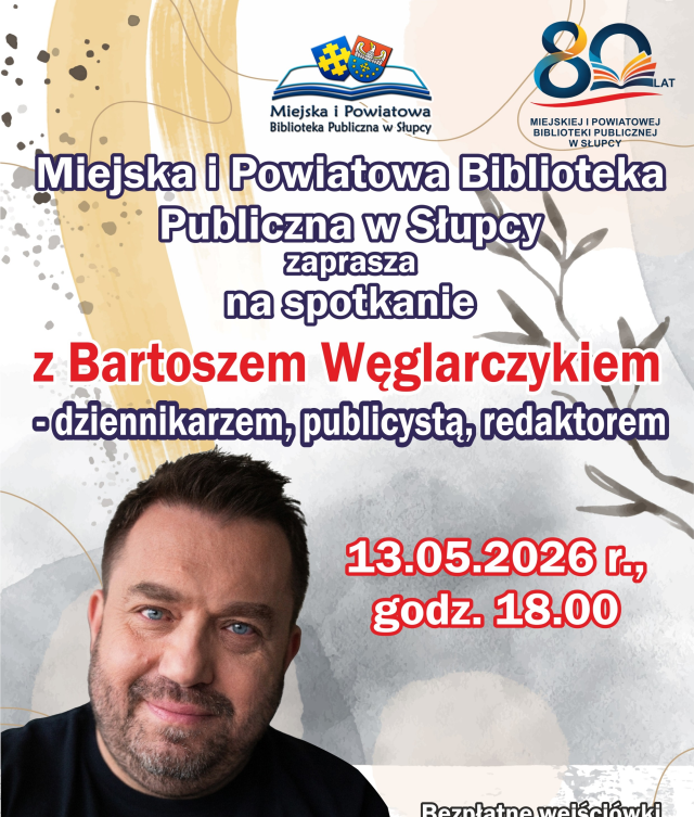 na jasnym tle zdjęcie mężczyzny, logo biblioteki i zaproszenie na spotkanie