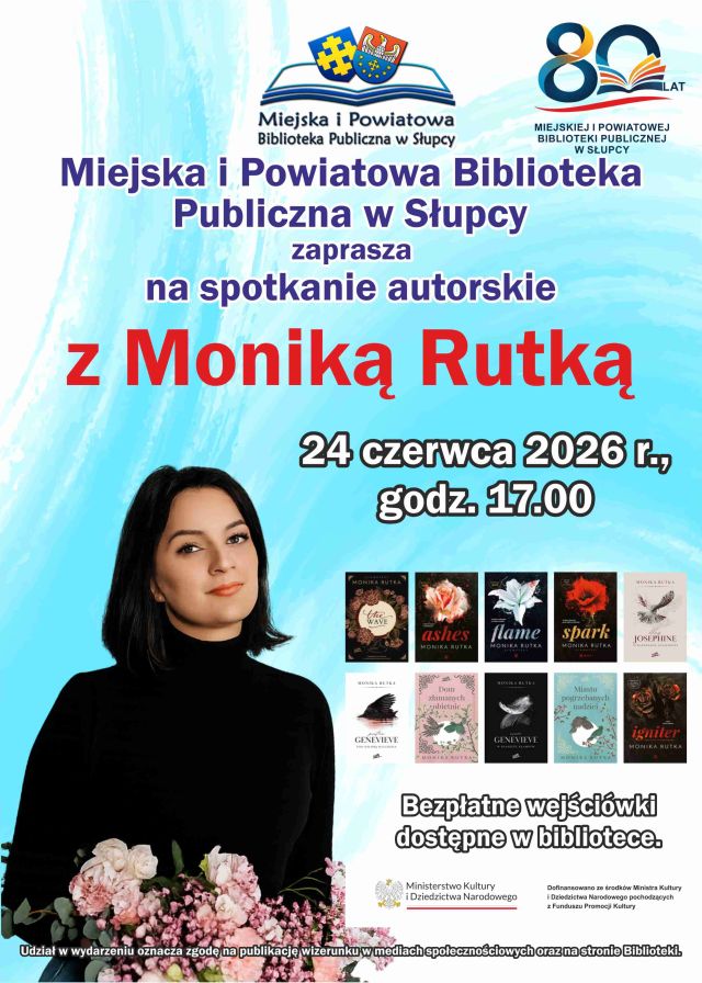 na błękitnym tle zdjęcie kobiety i okładki książek data i godzina spotkania