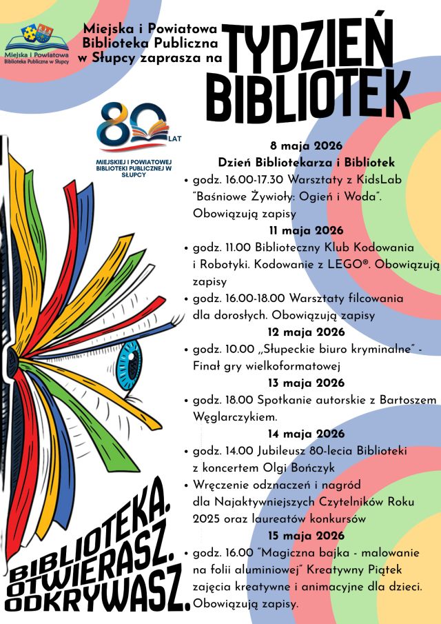 na białym tle plan Tygodnia Bibliotek, logo biblioteki, z lewej strony rozłożona książka z okiem
