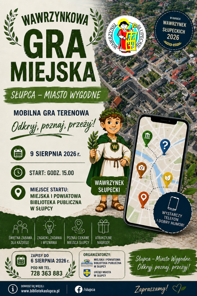 na plakacie zaproszenie do udziału w grze, postać z laurem, logotypy biblioteki i urzędu miasta, telefon komórkowy, w tle plan miasta