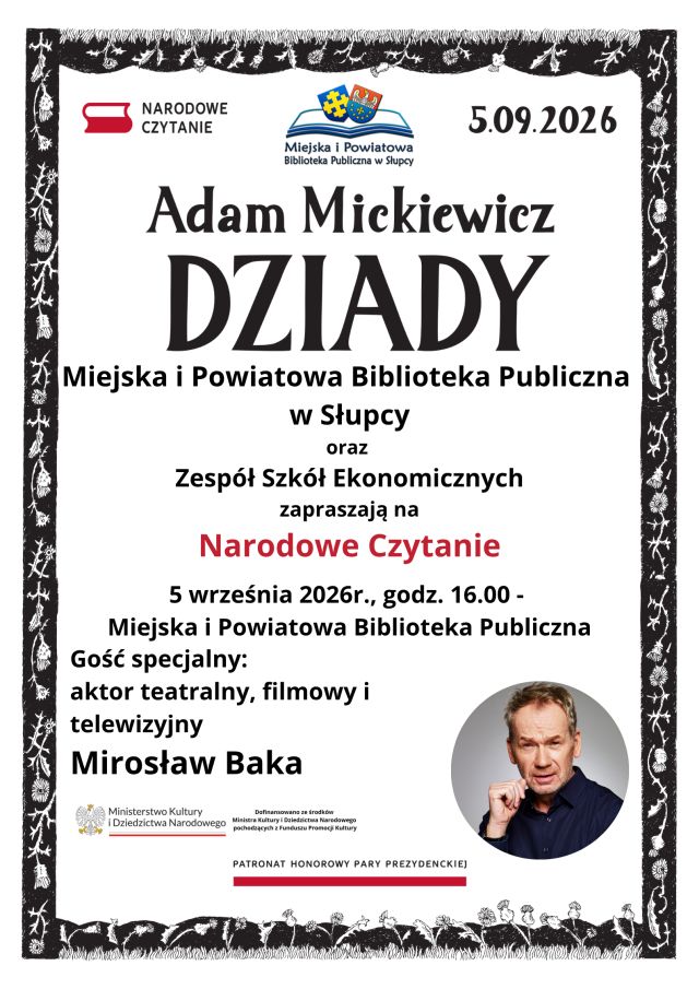 na białym tle zaproszenie na uroczystość, w prawym dolnym rogu zdjęcie Mirosława Baki