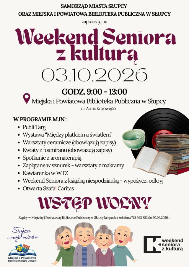 na białym tle program z wydarzeniami, z prawej strony płyta winylowa, miska, książka, na dole plakatu logo biblioteki, ilustracja przedstawiająca dwóch seniorów i dwie seniorki oraz logo wydarzenia