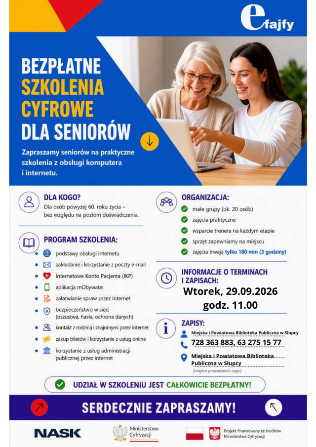 na białym tle informacje na temat szkolenia, górna część plakatu niebieskie tło i zdjęcie seniorki i młodej kobiety przy laptopie, u dołu napis NASK. orzełek i polska flaga