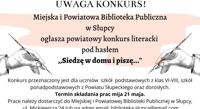 Na białym tle po prawej i lewej stronie plakatu ręka z piórem