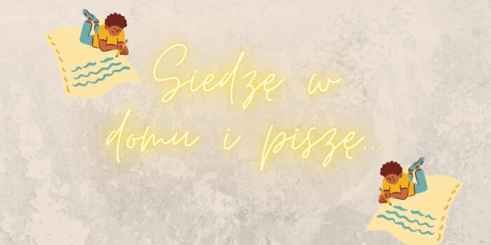 na szarym tle pośrodku napis, a w lewym górnym i prawym dolnym rogu dzieci leżą i piszą na kartce