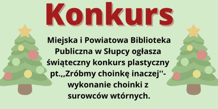 Na zielonym tle z lewej i prawej strony choinka i bambkami