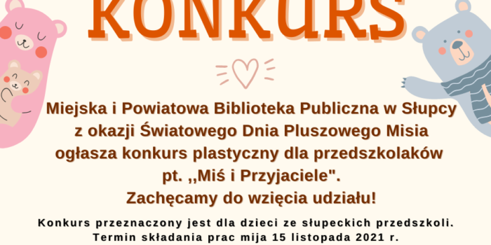 Na pomarańczowym tle po prawej stronie plakatu niebieski miś, a po lewej stronie różowy miś