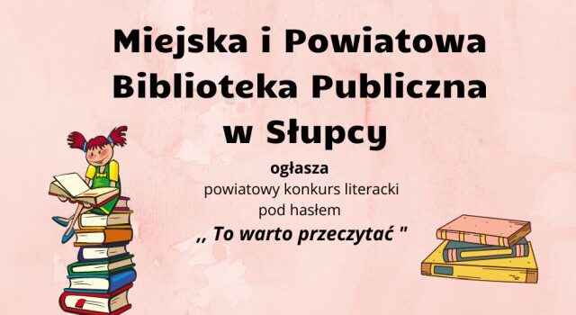 na różowym tle 6 książek, na nich siedzi dziewczynka w dwóch kucykach, w żółtej bluzce i zielonej sukience, w dolnym prawym rogu 3 książki leżą na sobie