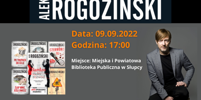 na ciemnym siwym tle informacja o spotkaniu i zdjęcie mężczyzny w czarnej koszulce i siwej marynarce