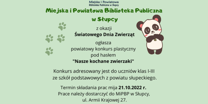Na zielonym tle z prawej strony biało-czarny miś