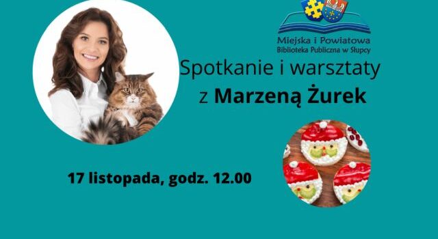 na niebieskim tle z lewej strony w górnej części kobieta z puszystym kotem, z lewej strony u dołu mikołaje
