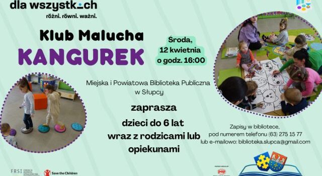 na zielonym tle zaproszenie do klubu, z prawej stronie dzieci siedzą i się bawią, z lewej strony dzieci idą po kołach