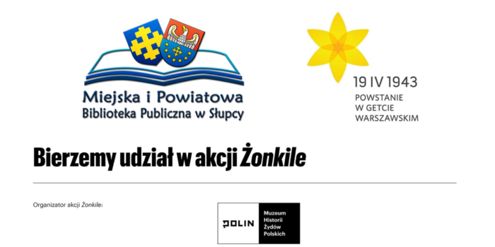 na białym tle informacja o udziale w akcji, w lewym górnym rogu logo biblioteki, z prawej strony żółty żonkil