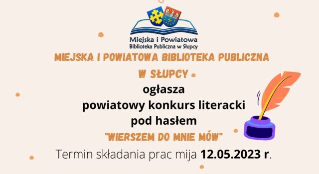 na kremowym tle zaproszenie do konkursu poetyckiego, z prawej stronu kałamarz z piórem