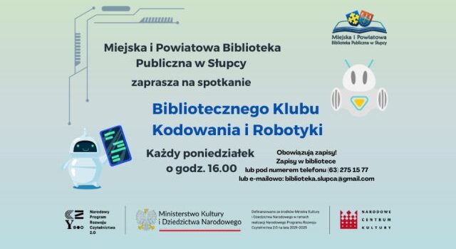 na niebieskim tle zaproszenie na kodowanie i robotykę, rysunki robotów