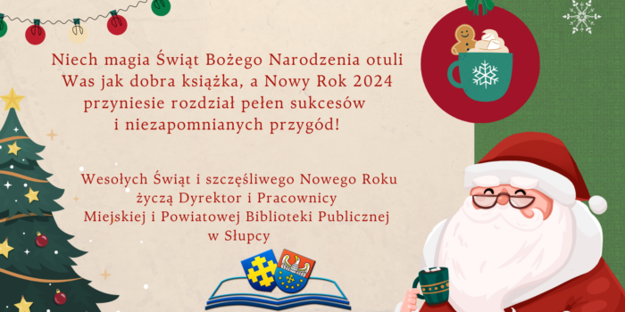 na różowym tle życzenia świąteczne, z prawej strony mikołąj na zielonym tle, z lewej strony ubrana choinka