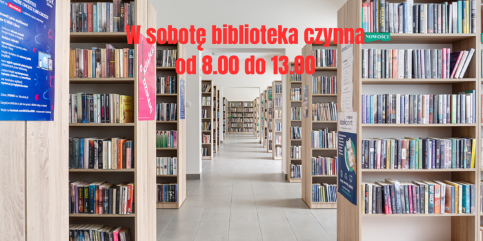 regały biblioteczne i informacja o pracującej sobocie