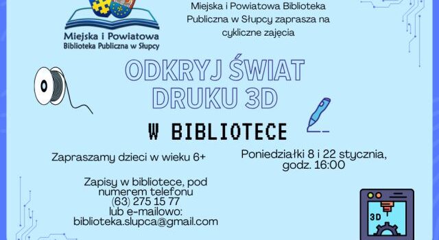 na niebieskim tle zaproszenie na warsztaty, z prawej strony drukarka 3d