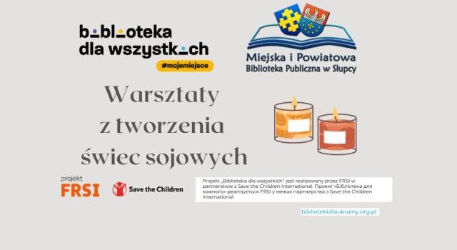 na siwym tle zaproszenie na warsztaty, z prawej strony logo biblioteki i świeczki