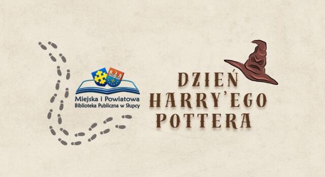 na kremowym tle z prawej strony kapelusz, z lewej ślady i logo biblioteki