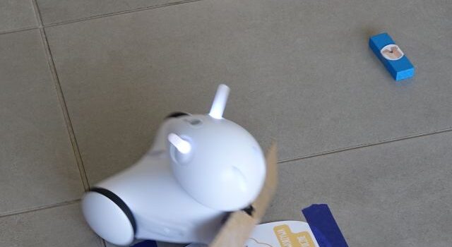 na zdjęciu robnot Photon z świecącymi czułkami, przed nim klocki