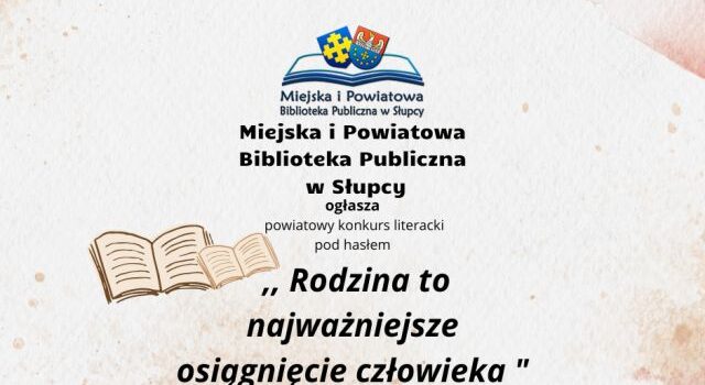 na jasnym tle zaproszenie do konkursu, u góry logo biblioteki, z lewej strony rozłożona książka