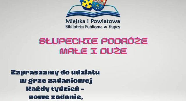 na siwym tle zaproszenie do udziału w grze zadaniowej, u góry logo biblioteki