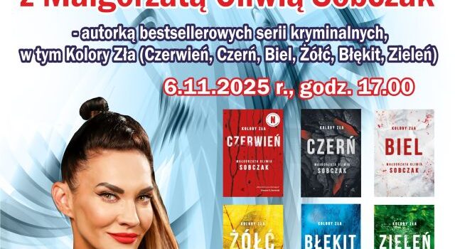 na biało-błekitnym tle zaproszenie na spotkanie, z lewej stronie zdjęcie autorki