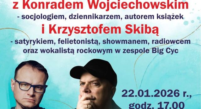 na niebieskim tle zaproszenie na spotkanie oraz zdjęcie dwóch mężczyzn