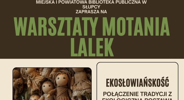 na kremowym tle zaproszenie na warsztaty, z lewej strony zdjęcie z ogromną ilością lalek
