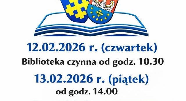 na białym tle logo biblioteki oraz infromacja o otwarciu biblioteki