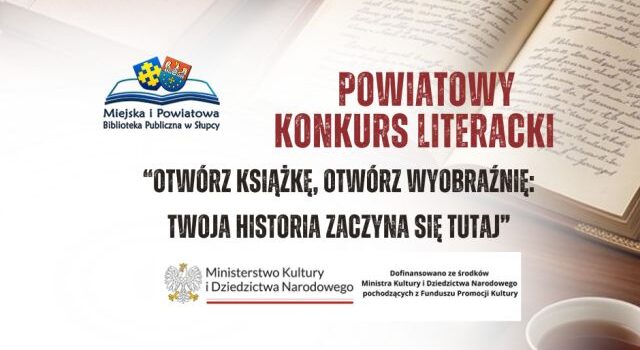 na jasnym tle rozłożona książka, logo Ministerstwa Kultury i Dziedzictwa Narodowego, logo biblioteki oraz informacje o konkursie